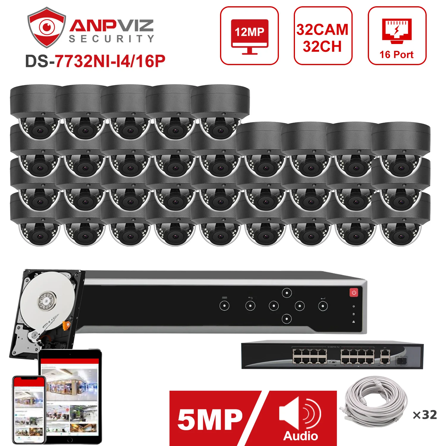 Anpviz NVR 32CH 4K 32pcs 5MP POE IP Camera System Indoor/Outdoor Camera CCTV Security System Kit IP66 30m  Security Protection