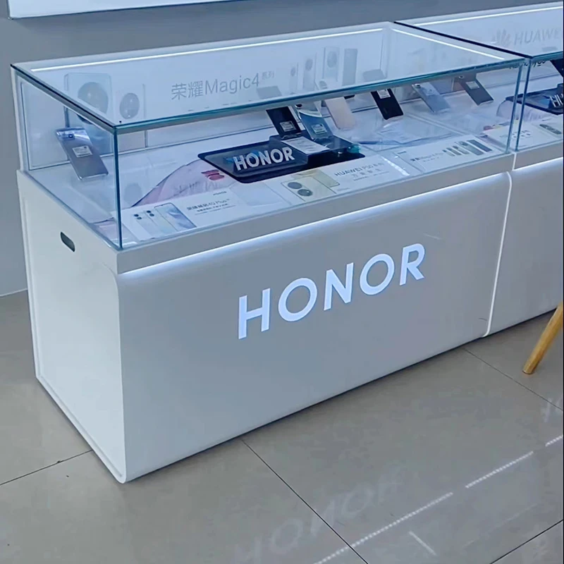 Customized product、Factory supply smartphone mobile phone store glass display showcase led lighting logo metal advertise cabinet
