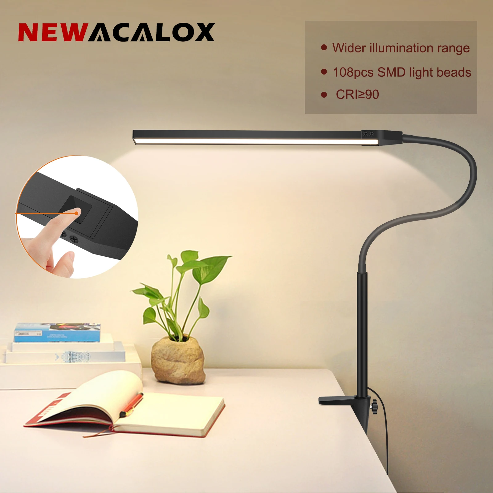 NEWACALOX Desk Clamp Screen Bar Hanging Light 360 ° Rotary Folding Flexible Arm Support 108Pcs LED SMD Eye Protection Desk Lamp