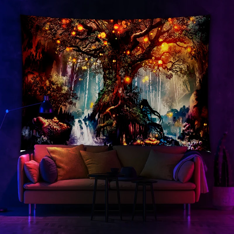 

Red Forest Tree Lamp Printed UV Fluorescent Tapestry For Wall Hanging Cloth Living Room Bedroom Independent Room Decoration