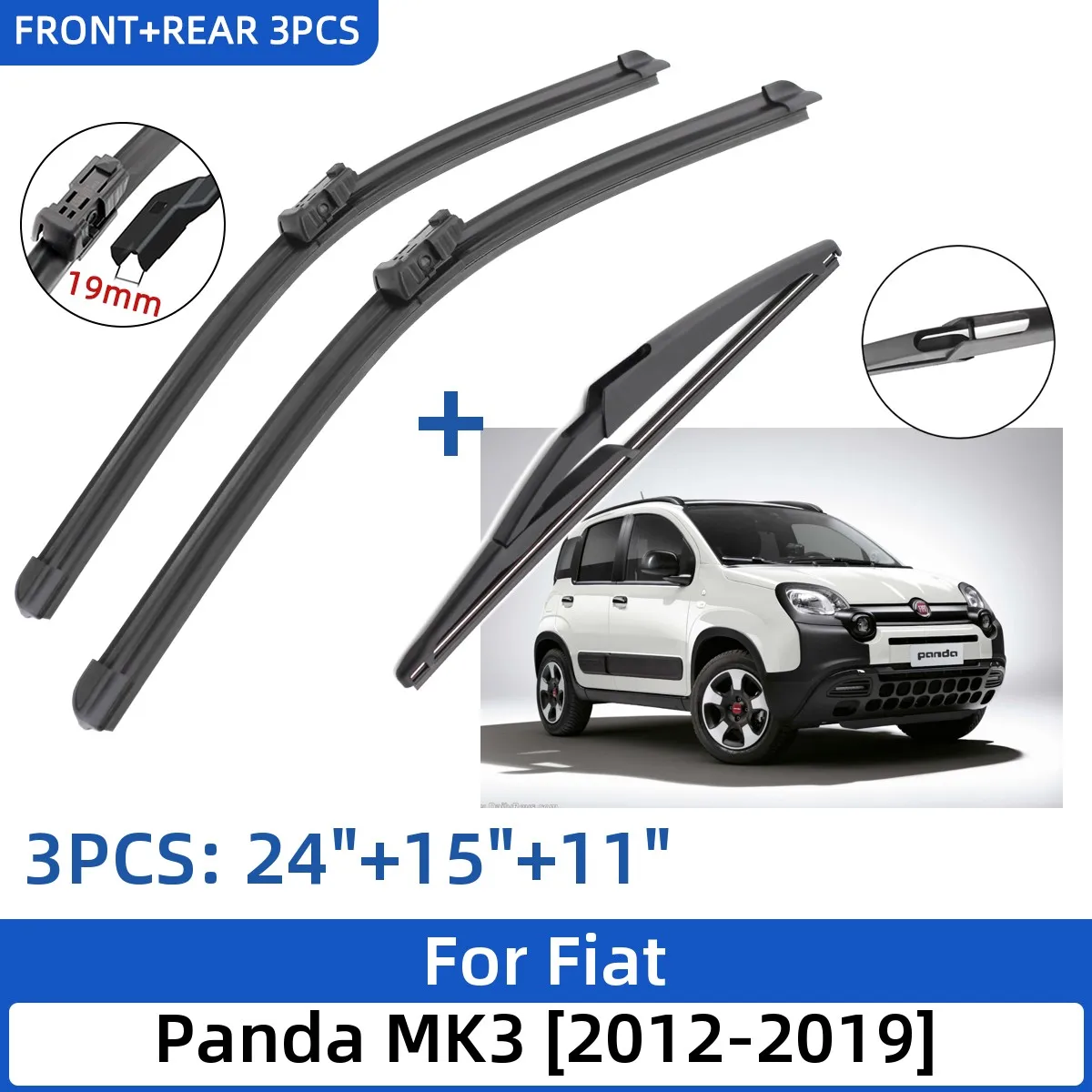 

For Fiat Panda MK3 2012-2019 24"+15"+11" Front Rear Wiper Blades Windshield Windscreen Window Cutter Accessories 2017 2018 2019