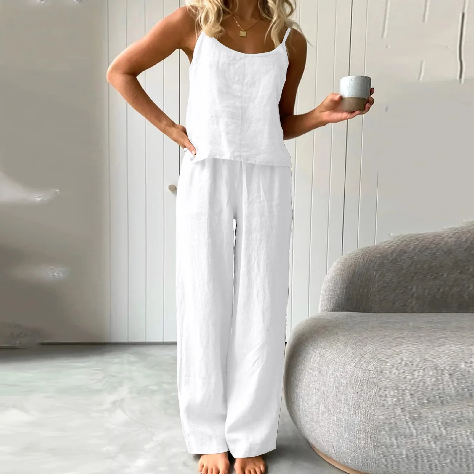 Women's Cotton And Linen 2 Piece Pajamas Set Summer Solid Thin Sleeveless Suspenders Trousers Set Loose Fashion Home Clothes