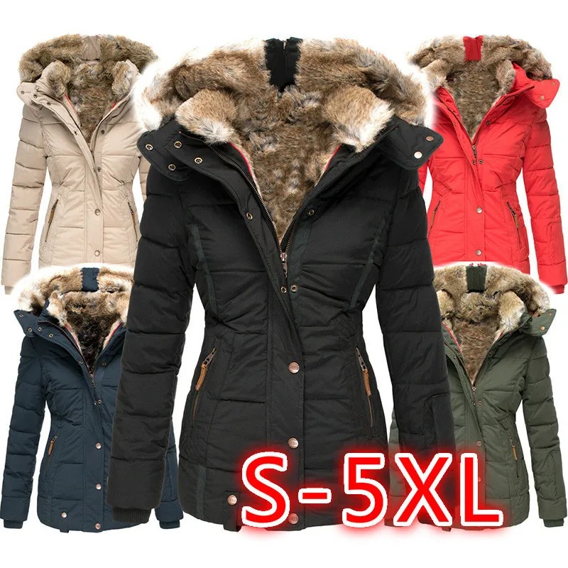 

Women's Winter Jacket Coat Warm Wool Collar Zipper Hooded Short Padded Woman Clothing Padding Fashion Casual Parka Overcoat