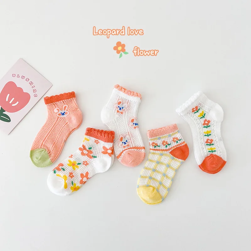 

5 Pairs/Bag 2023 Spring Summer Kids Mesh Breathable Cartoon Cotton Socks 1-12T Boys Girls Candy Color Fishnet Sock Lace Socks