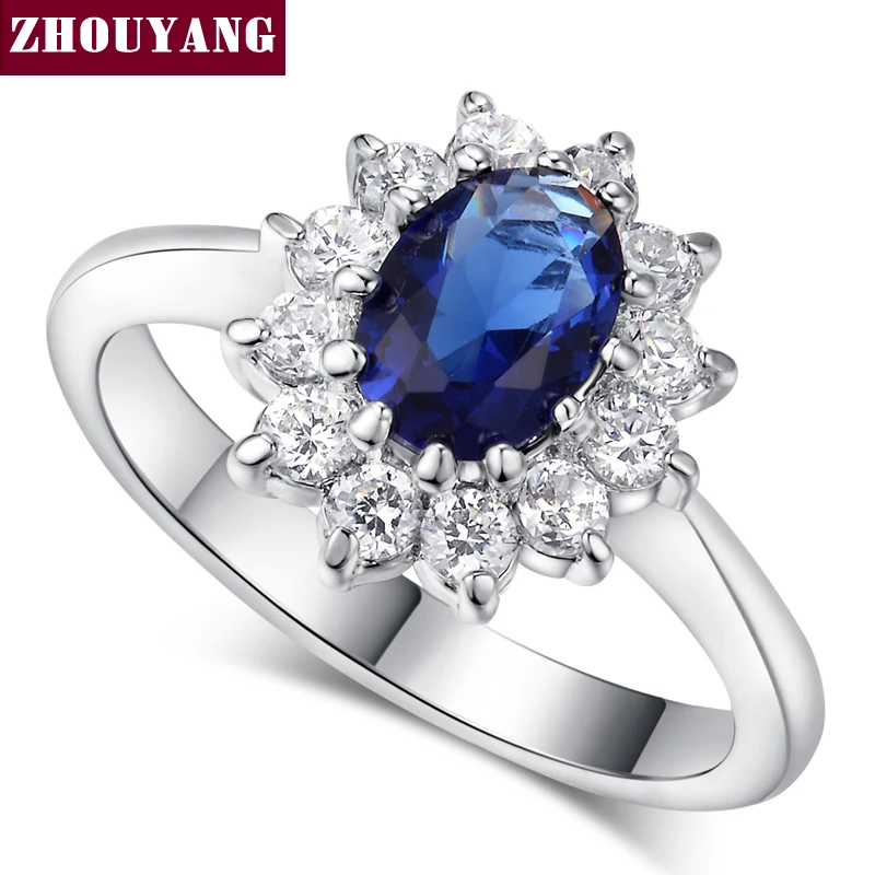 Women's Wedding Finger Ring ZHOUYANG Princess Kate Blue Gem Created Blue Crystal Silver Color for finger ring,silver ring,wedding rings,wedding ring