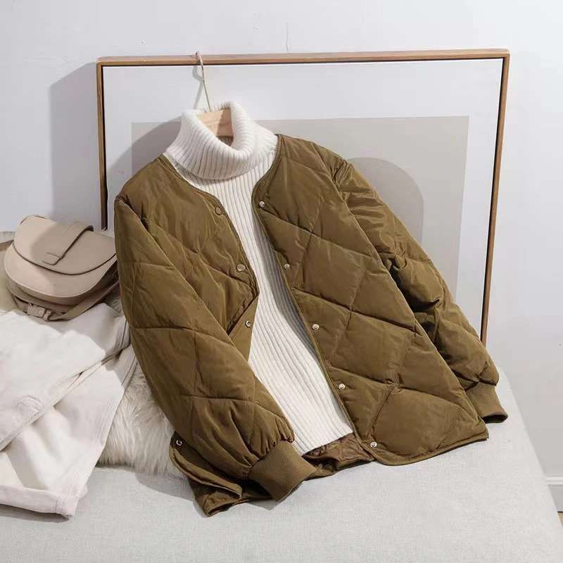 Autumn  down jacket short top with round neck button long sleeved fashionable short jacket
