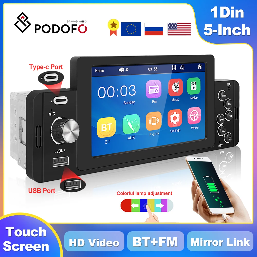 Автомагнитола Podofo 1Din CarPlay, мультимедийный видеоплеер MP5 5 дюймов с поддержкой bluetooth, MirrorLink, FM-радио для Toyota, Volkswagen, Nissan