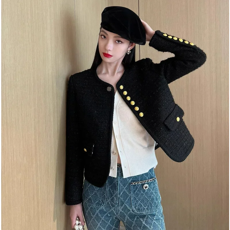Black Crop Tweed Jackets for Women College Style Wool Blend Coats Designer Niche Tops 2024 Autumn Pocket Solid Short Clothing
