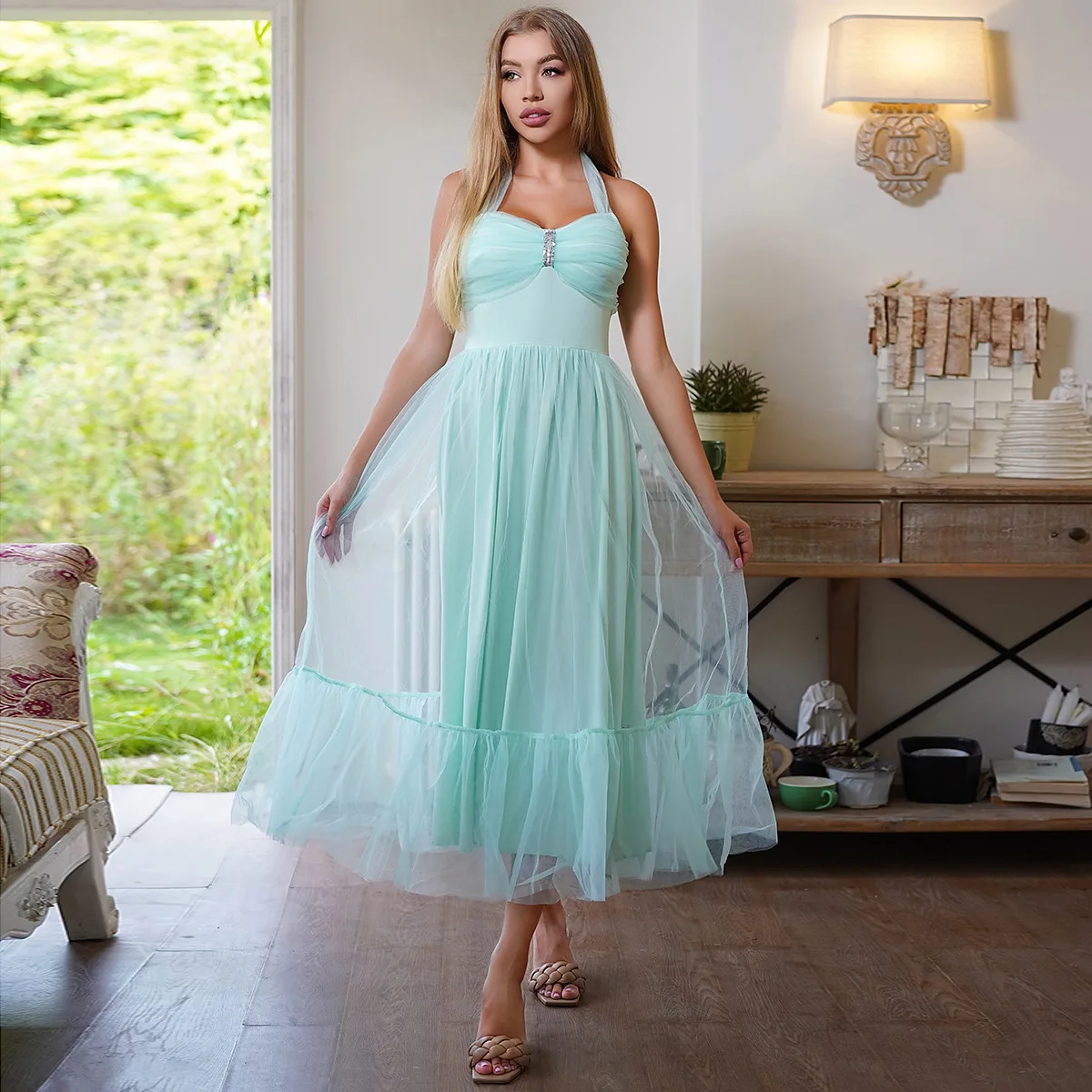 

Elegant Women Midi Bridesmaid Dress Halter Backless Green Tulle Homecoming Graduation Prom Dresses New Sweet Brithday Party Gown