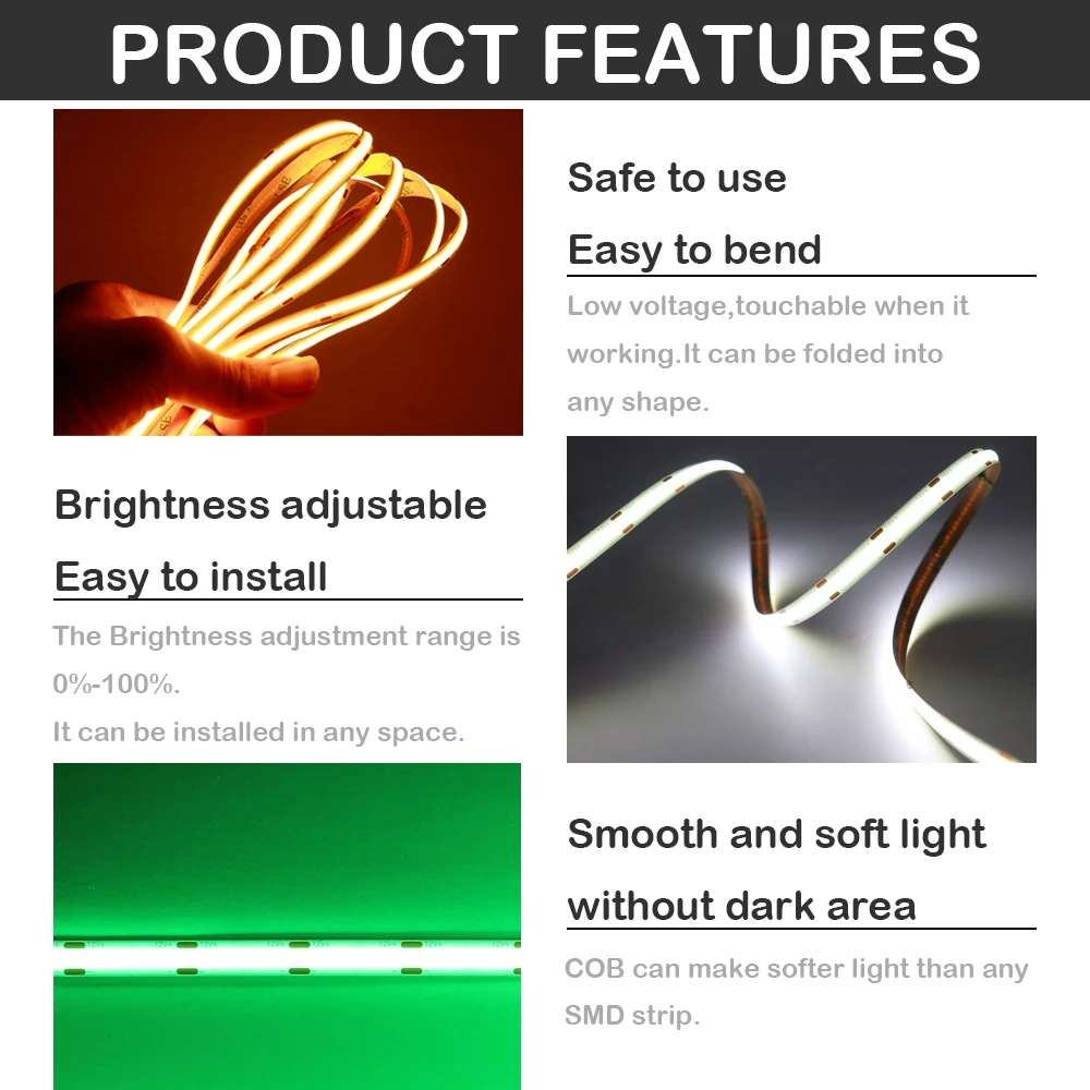 COB LED Strip 320 480 528LEDs/m High Density Flexible Tape Ribbon 3000-6000K Red Green Blue Yellow RA90 DC12V/24V