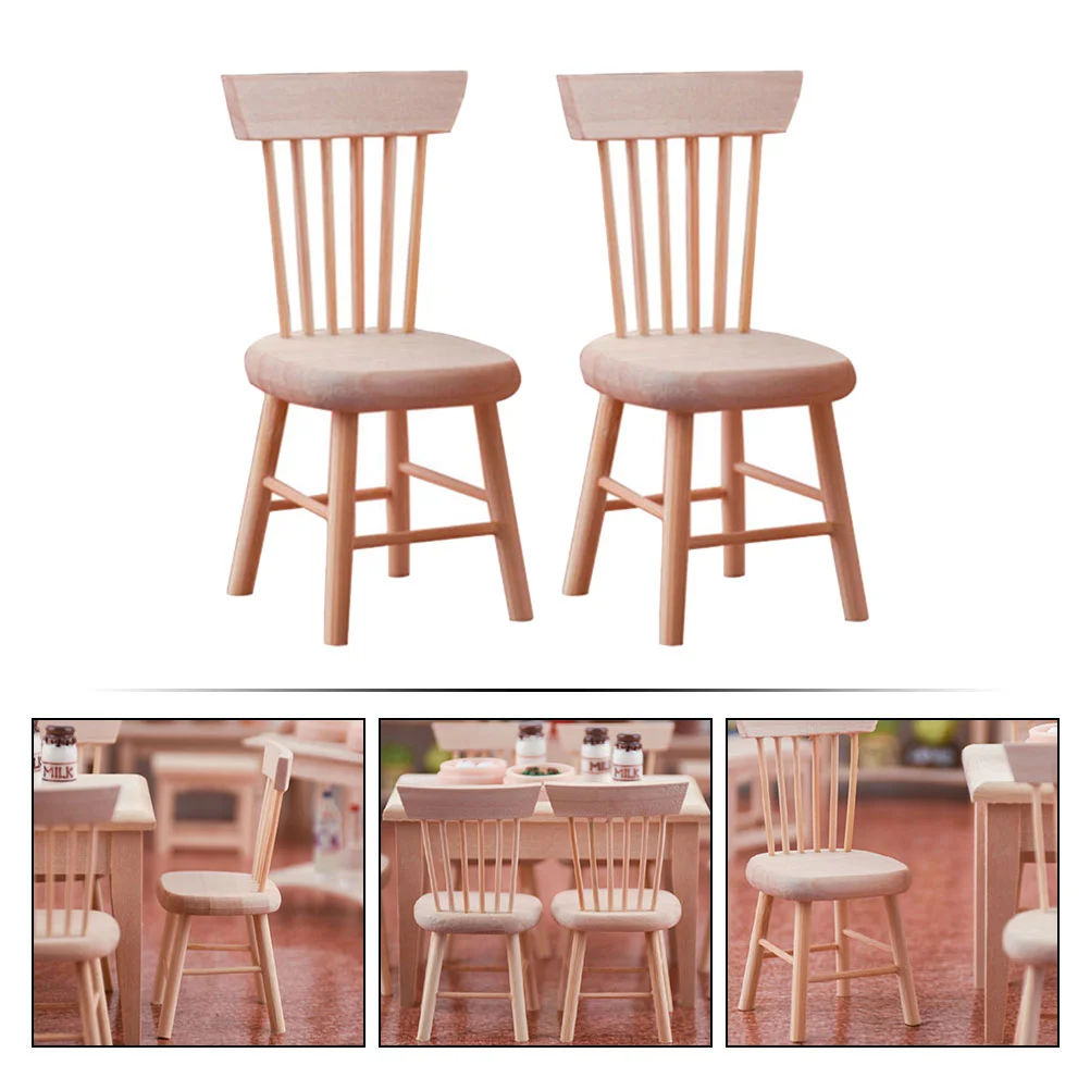 2 Pcs Dollhouse Chair Model Seat Miniatures Wood Figurines Tiny Furniture Stool Small Wooden Ornament Back-rest