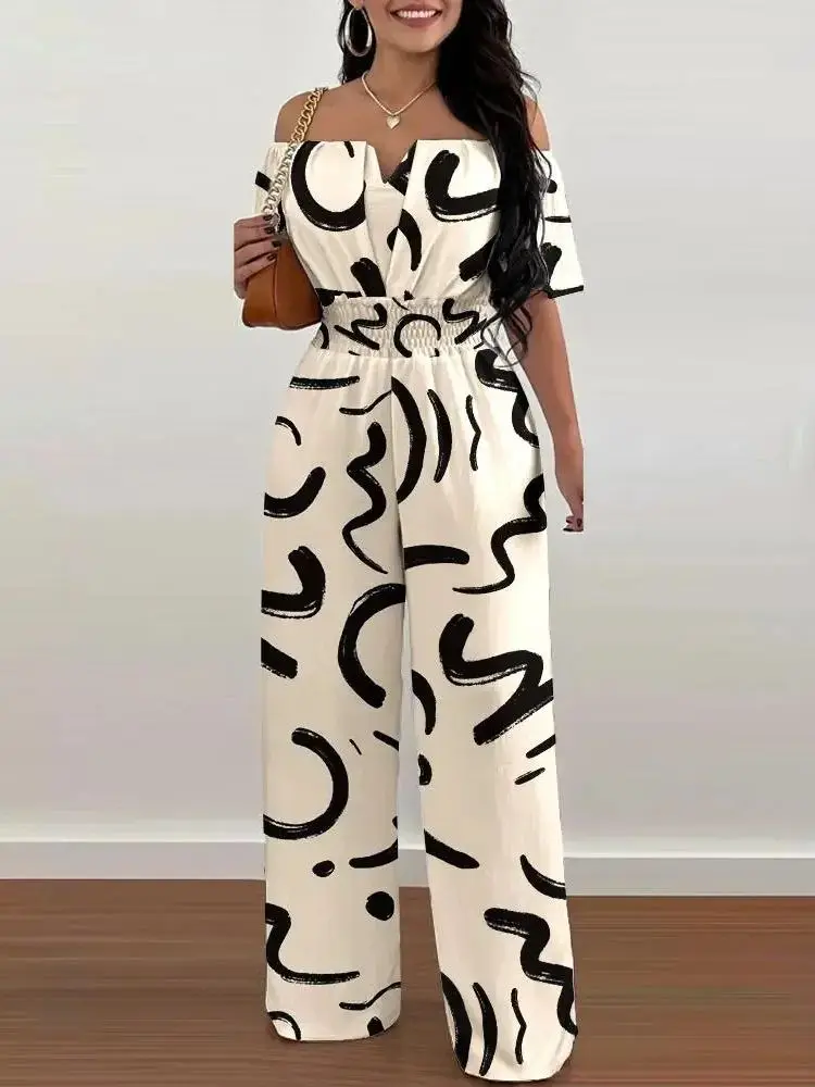 Sexy Off Shoulder Print Jumpsuit Women Loose Wide Legs Trousers Ladies One Pieces Full Length For Women Jumpsuit 2023 Summer New