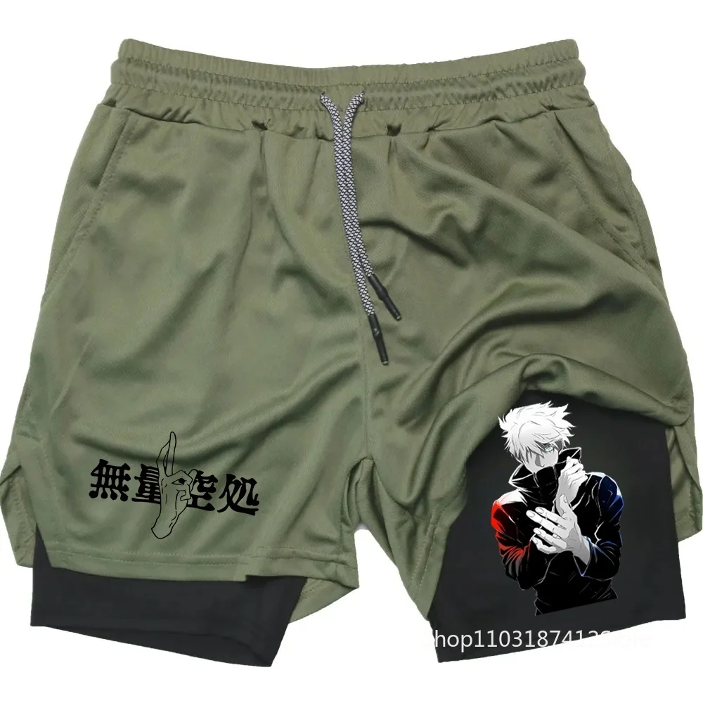 Men Anime Double Layer Shorts Gym Workout Printed Sports Multi-Performance Training Quick-Drying Jogging Pants Towel Pants M-3XL 3