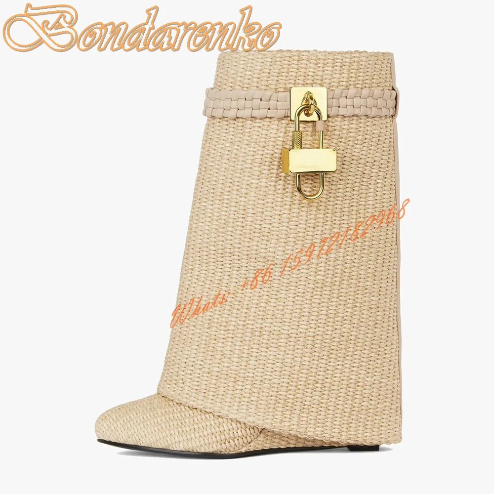 

Woven Pattern Shark Boots Round Toe Wedges Mid Calf Lock Pants Boots Women Sexy Shoes Solid Zipper New Winter Party Short Boots