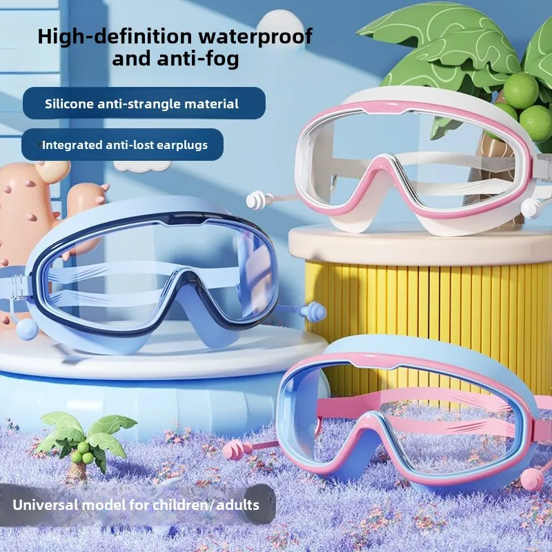 Summer high-definition anti fog and waterproof silicone earplugs with large frame for adult and children's swimming goggles