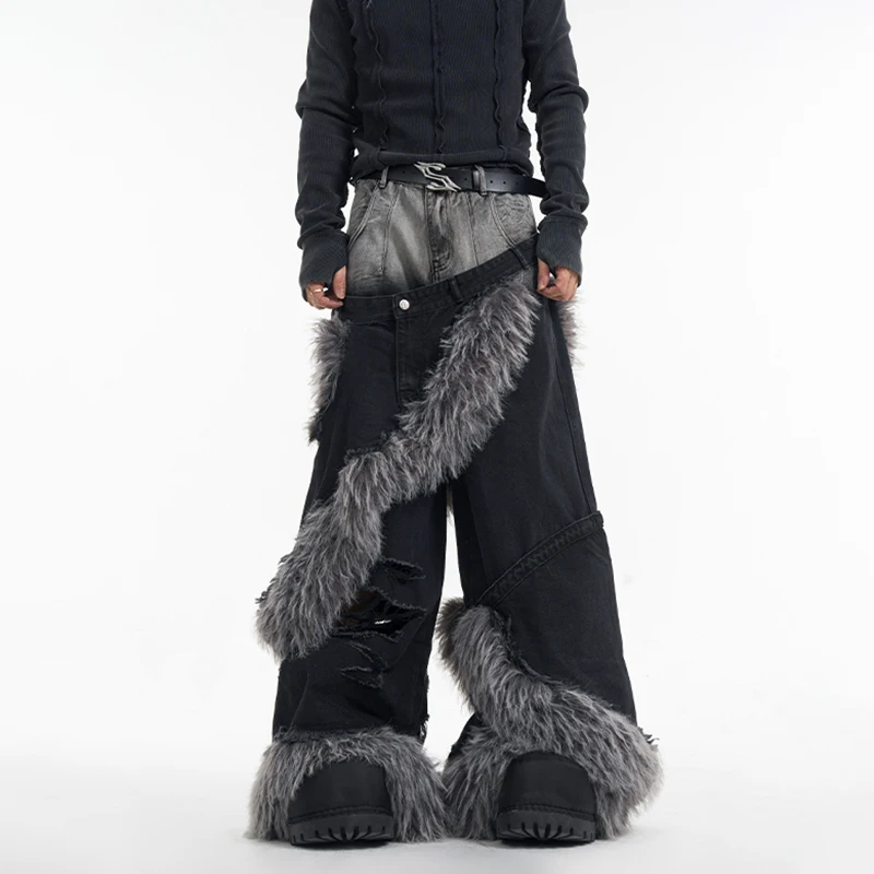 LUZHEN Fake Two Piece Denim Pants Patchwork Fur Worn-out Trendy High Street Luxury American Straight Tube Trousers Male LZ8217 2