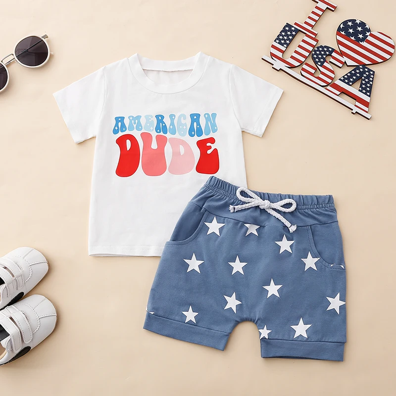 

2023-05-04 Lioraitiin 0-24M Baby Boys 4th of July Outfits Short Sleeve Letter Print T-Shirts Star Shorts Independence Day Set