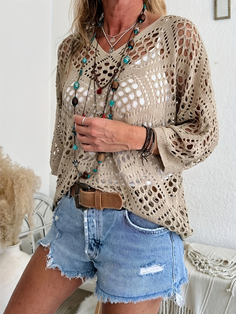 Fashionable and elegant large perforated top, women's hollow knit sweater, versatile sweater 4