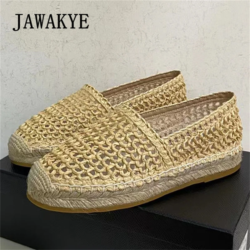 

2023 Summer New Hollow Out Grass Weave Flat Shoes Women Brand Fashion Round Toe Slip On Loafers Shoes Causal Walking Shoes Femme