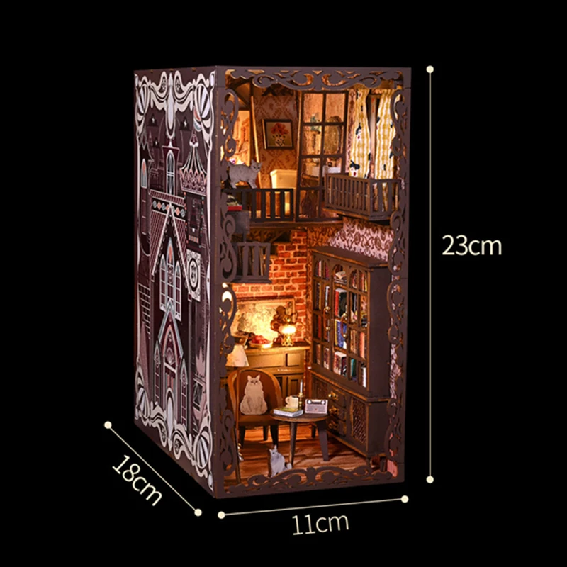 DIY 나무 책 구석 선반 삽입 키트, 미니어처 모델 키트, 스터디 매직 하우스 책장, LED 라이트 북엔드, 성인 선물