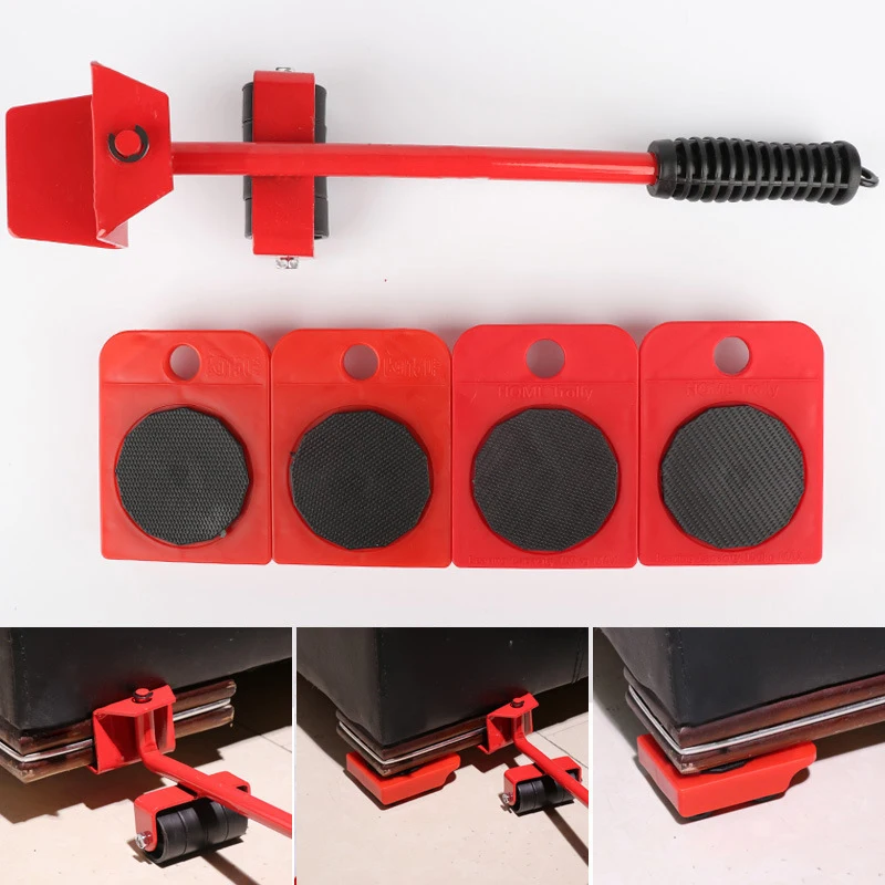 5pcs Furniture Mover Tool Set Furniture Transport Lifter Heavy Stuffs Moving Tool Wheeled Mover Roller Bar Hand Tools set