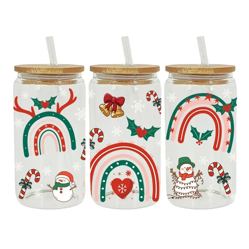 

Рождественский Снеговик Лось 16 унций УФ DTF оберточная стеклянная чашка переводная Наклейка пользовательские этикетки DIY логотип самоклеящийся водонепроницаемый