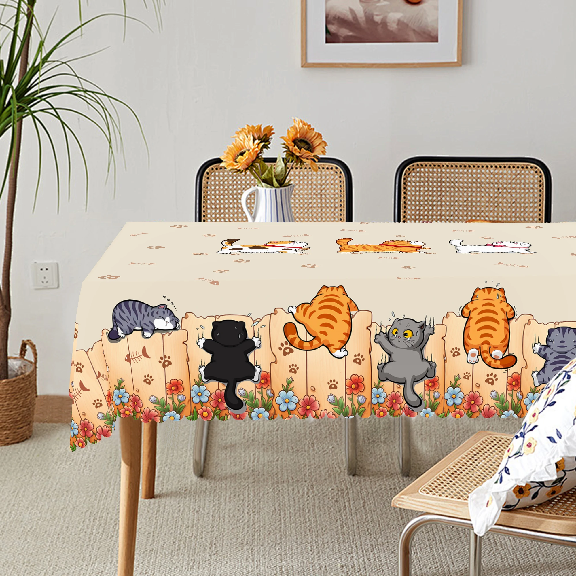 1 Piece of Cute Cat Round Tablecloth, 5 Sizes Available,Cute Cartoon Cat Pattern Printed Desk Tablecloth, Edge Embossing Process 2