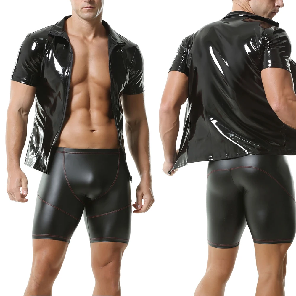 Men Sexy Wetlook Leather Tight Shirts Shorts Short Sleeve Turn Down Neck Shirt Top Clubwear Stage Costume Muscle Tight Clubwear