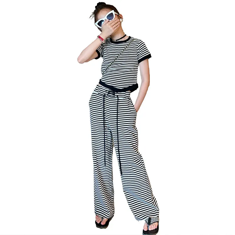 

Summer Girls Cotton Loose Striped T-Shirt Tops + Wide Leg Pants Suit School Kids Preppy Clothes Sets Children Outfits 5-14 Years