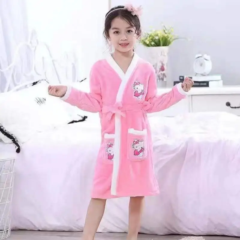 

Kawaii Sanrio Hellokitty Bathrobes Winter Warm Robes Nightgown Thick Bathrobe Female Coral Fleece Kimono Sleepwear Home Clothes