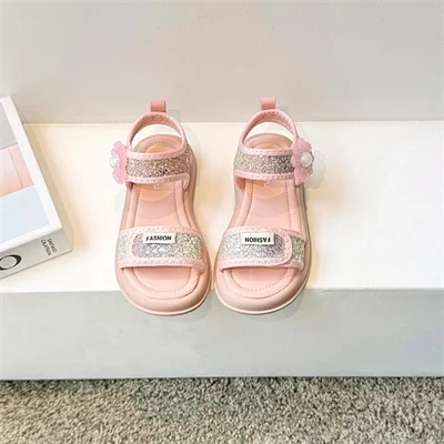 여아용 크리스탈 진주 꽃 오픈 토 샌들, 베이지 핑크, 여름 야외 PU 패션 샌들, 크기 26-36