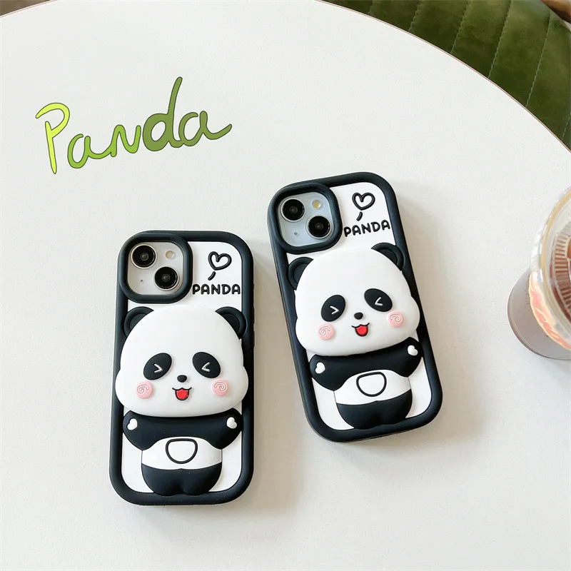 Adorable Panda Flip Mirror Silicone Phone Case - Shockproof Protective Cover