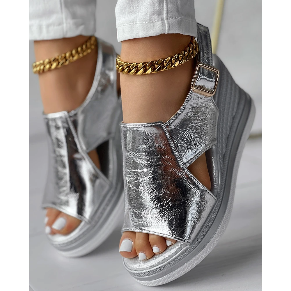 Fashion Women Hollow Out Slingback Peep Toe Sandals Lady Summer Casual Wedge Going Out Sandals Platform Ankle Buckle Shoes Party