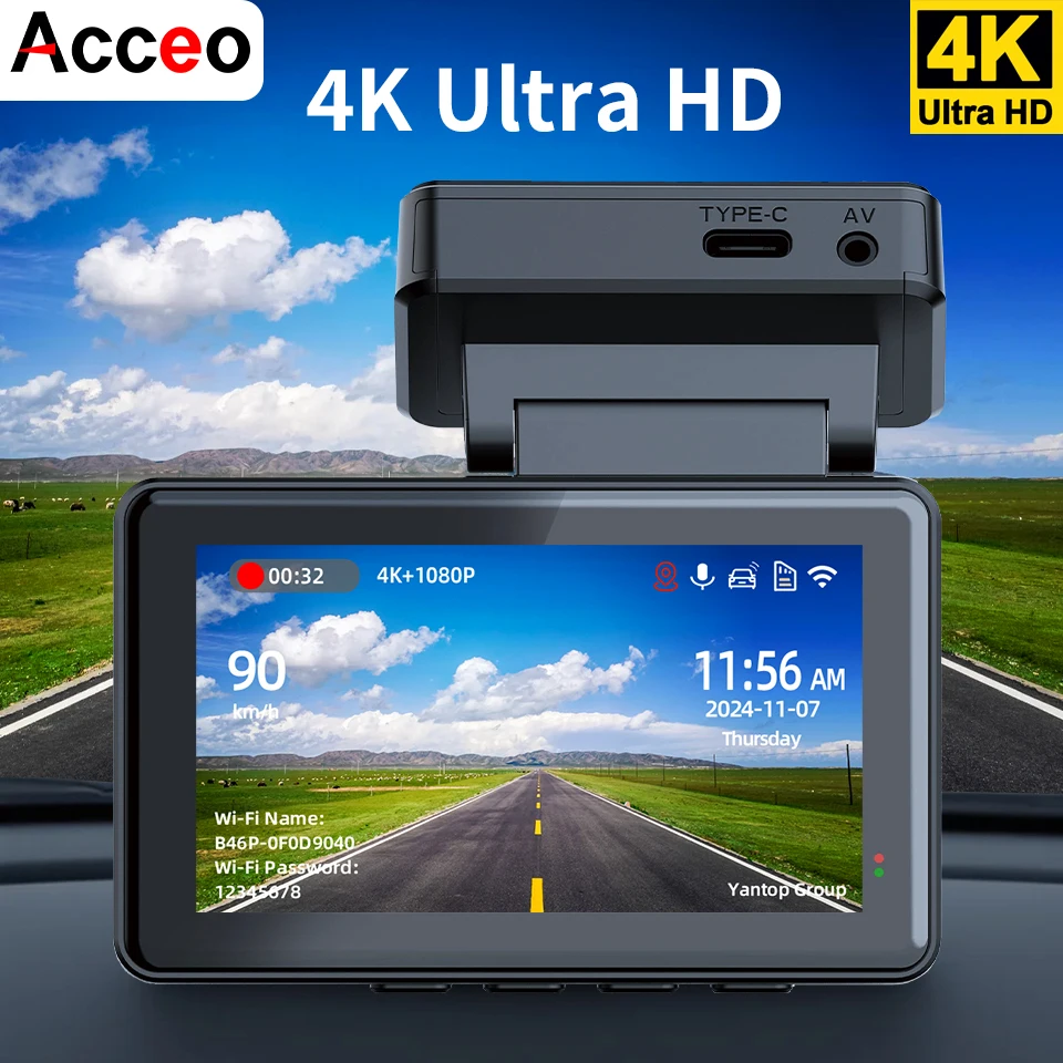 아세오 4K 미니 차량용 블랙박스, 1080P 후방 카메라 지원, 야간 시야 기능, 와이파이, 24시간 주차 모니터링, 듀얼 카메라 차량용 녹화기