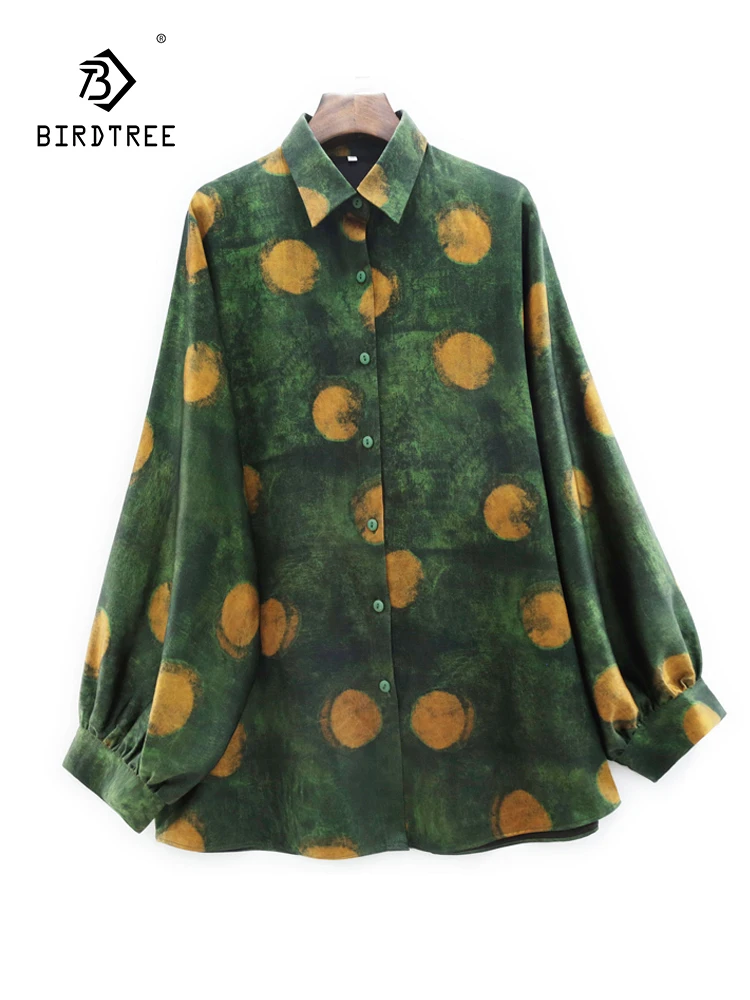 

Birdtree 50MM Mulberry Silk XiangYunSha Shirt Lapel Collar Floral Jacquard Retro Daily Straight Blouse Mom's Autumn Top T3D482QC