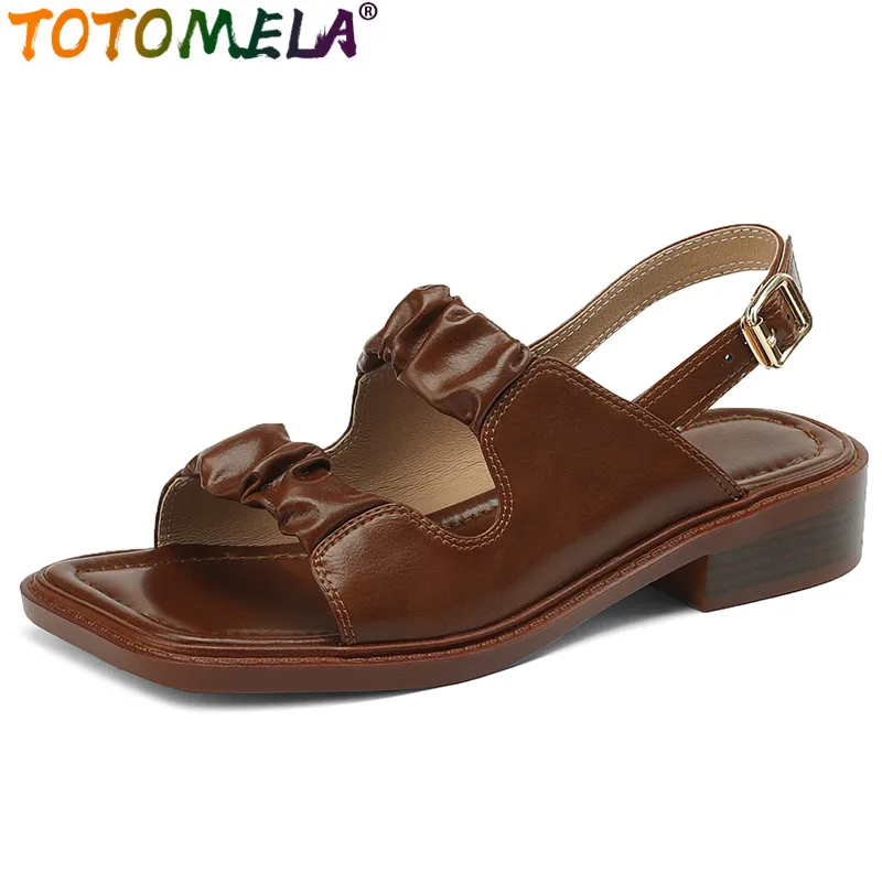 

TOTOMELA New Size 34-41 Square Med Heels Summer Sandals Genuine Leather Buckle Woman Sandals 2024 Retro Ladies Slingbacks Shoes