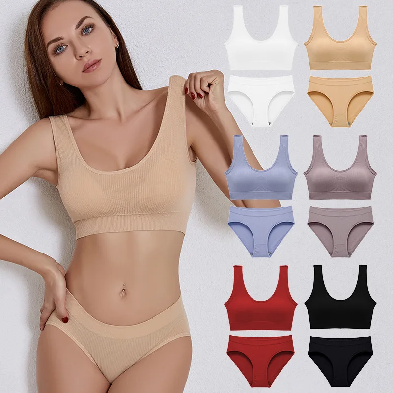

Sexy Seamless Tops Set High Waist Panties Women Wireless Underwear Suit Soft Padded Bras Set Backless Bralette Lingerie