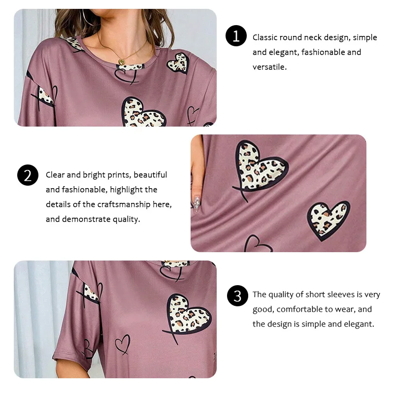 قميص نوم كاجوال مطبوع على شكل قلب للسيدات ، أكمام...