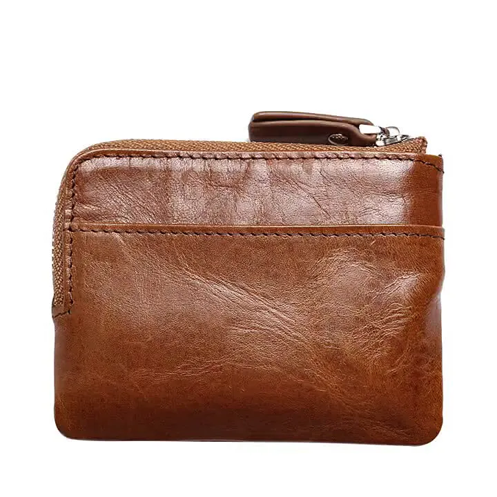 Retro Genuine leather Mens and Women Small Keys Bag Zipper Coin Purse Credit Card Holder Mini Wallet with Key Ring Keychains