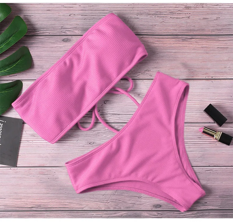 

1 Set Women Bikini Set Solid Color Elastic High Waist Bathing Suit Sexy Tube Top Lady Swimwear With Chest Pad Women's Clothing