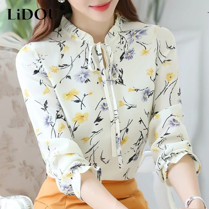 Spring Autumn New Floral Elegant Fashion Chiffon Shirt Women Long-sleeved Loose Casual Blouse Female Aesthetic Chic Lady Clothes