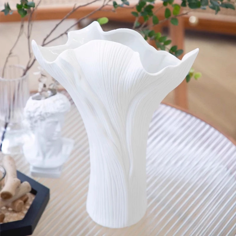 Nordic Ceramic White Wide Mouthed Vase, Dining Table, Living Room, Bedroom, Office, Tabletop Decor Accessories, Flower Ware, 1Pc