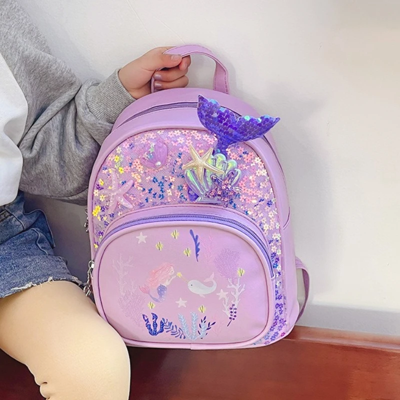 Lovely Mermaid Star Children's Sequins Backpack Cute Cartoon Kindergarten Schoolbag PU Leather Baby Girls Lightweight Handbags 1