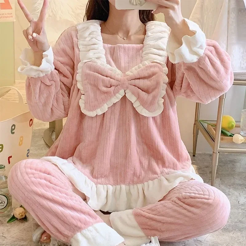 

2024 New Woman Pajamas Autumn Winter Longewear Flannel Sweet Cartoon Princess Style Home Wear Coral Fleece Thick Warm Nighty Set