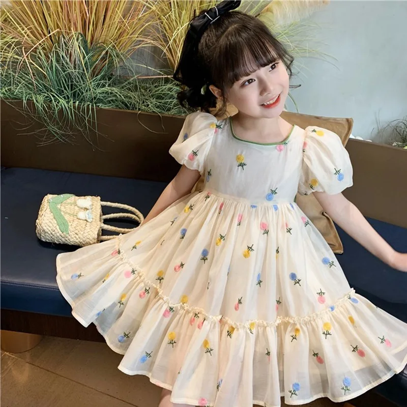 Casual Dress Girls Korean New Dresses For Kids 2023 Girls Summer Dress  Flowers Embroidery Big Bow