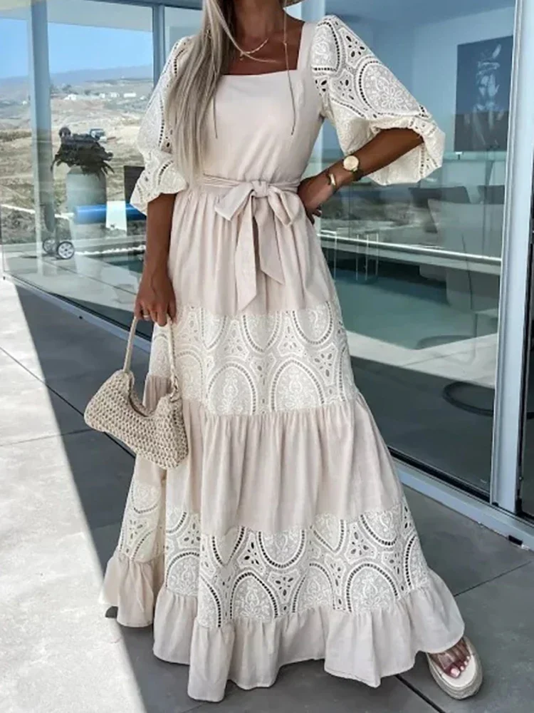

2024 Summer Women Lace Patchwork Loose Casual Beach Dress Female Elegant Retro Square Neck Tie-Up Ruched Long Dress Ladies OFE09