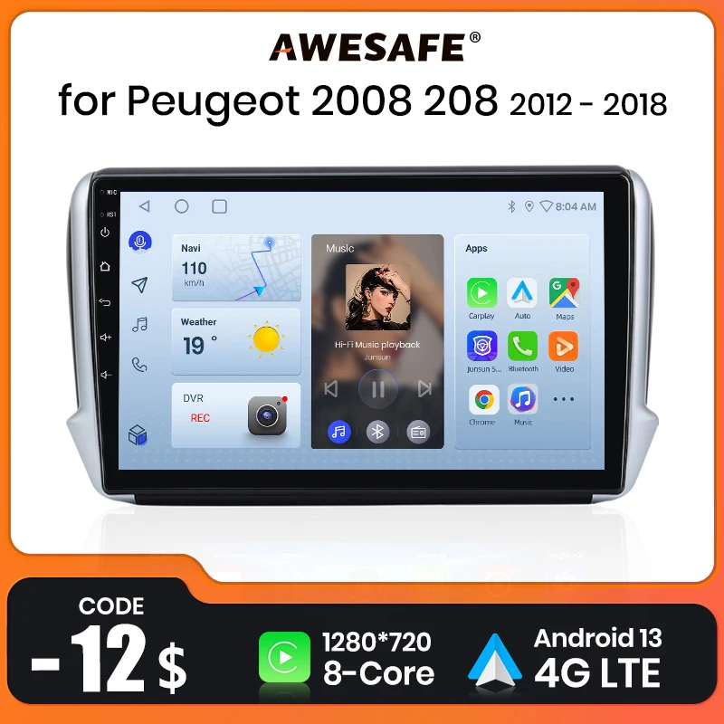 AWESAFE 무선 카플레이, 안드로이드 13 라디오, 푸조 2008 208 2012 ..