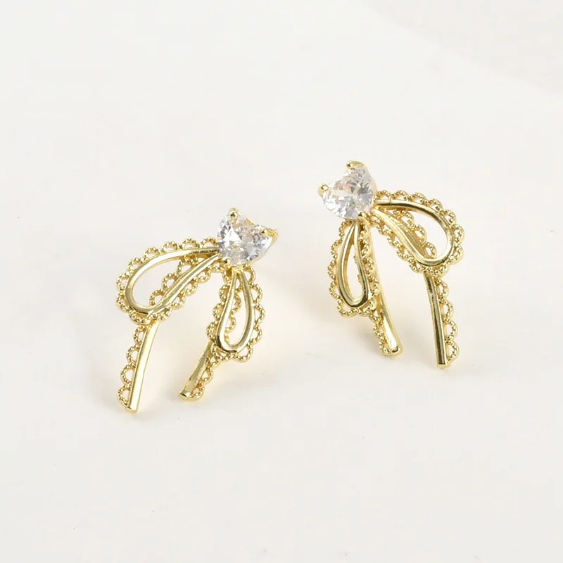 구리 도금 14k 골드 색상 보존 러브 지르콘 보우 스터드 귀걸이 DIY 수제 귀걸이 귀걸이