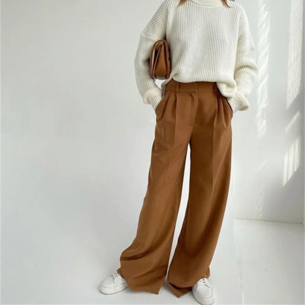 Trousers Woman Solid Office Straight Pants Casual Wide Leg Straight Pant Trousers Mopping Pants Cargo Pants Women's summer drape wide leg pants high waisted leopard print pleated elastic waist casual pants loose mopping pants drapethin trousers