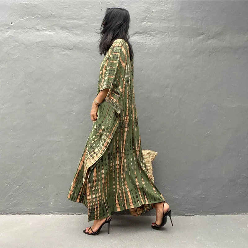 Fashion Casual Striped Print Long Dresses Women Bohemian V-neck Bat Sleeve Loose Slit Beach Dress Summer New Beachwear Vestidos 72 Fashion Casual Striped Print Long Dresses Women Bohemian V-neck Bat Sleeve Loose Slit Beach Dress Summer New Beachwear Vestidos